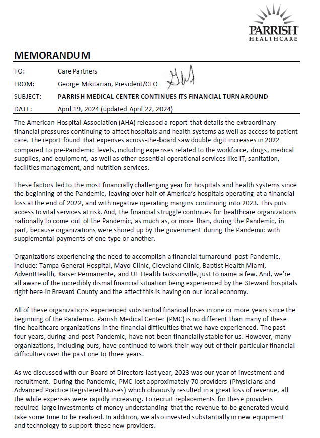Financial turnaround memo page 1